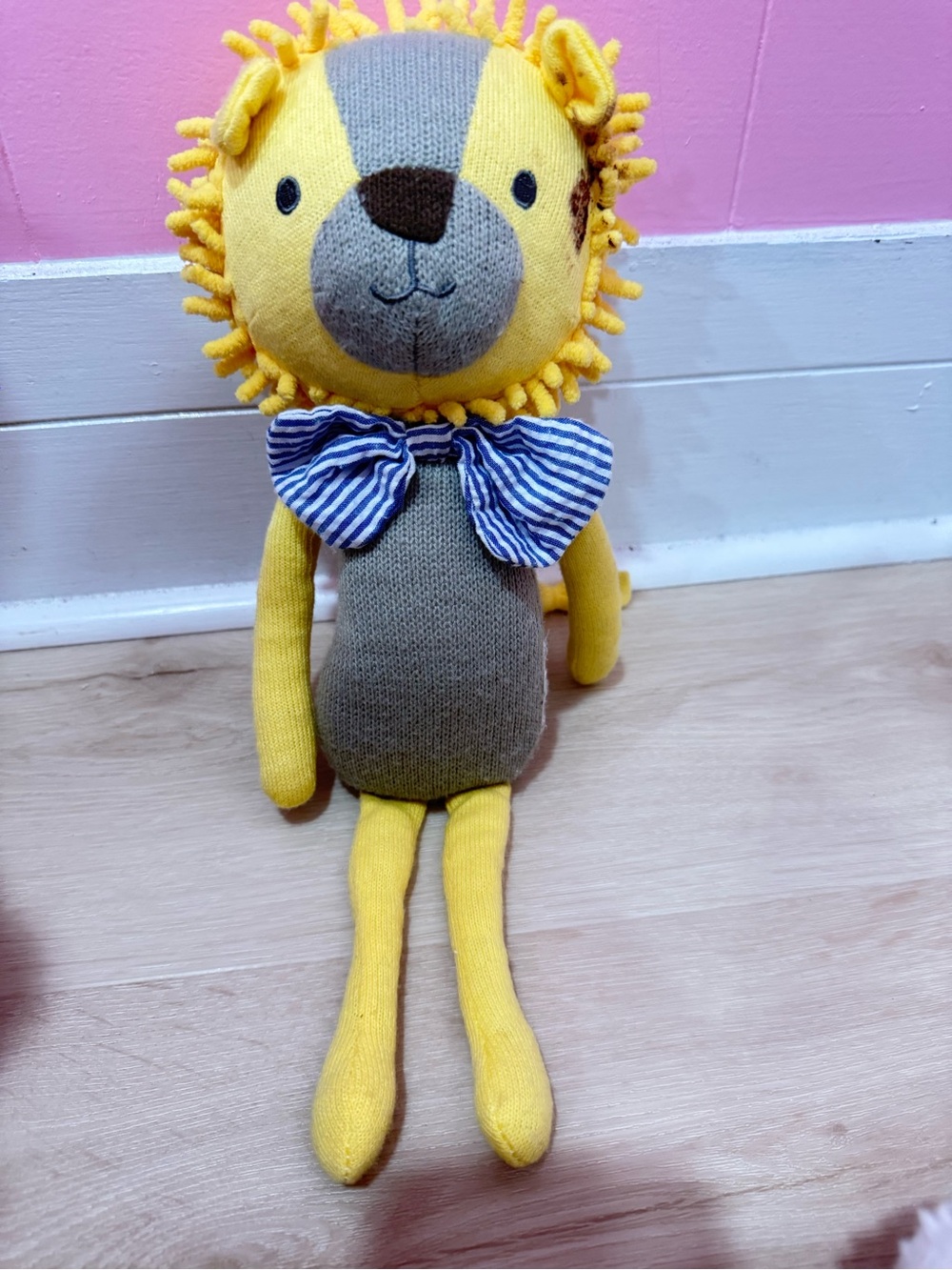 Yellow & Gray Knit Lion Plush Toy with Striped Bow